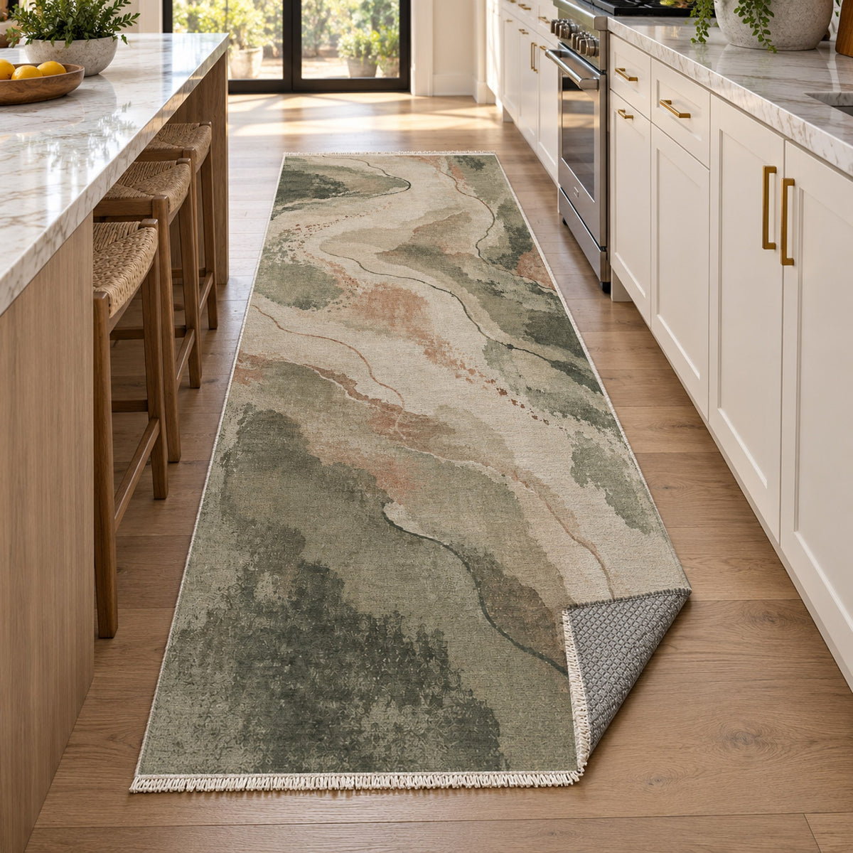 Tidal Traces Sage Clay Abstract Washable Rug — new york kitchen runner