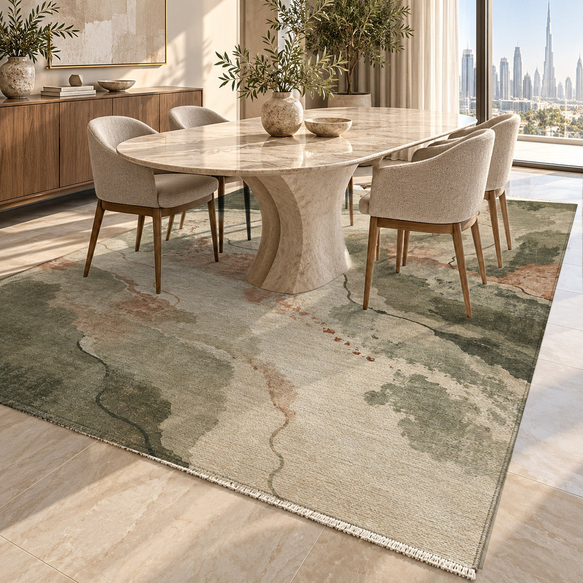 Tidal Traces Sage Clay Abstract Washable Rug — dubai dining