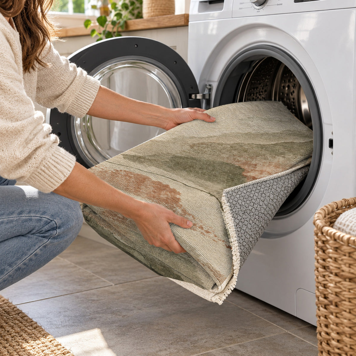 Tidal Traces Sage Clay Abstract Washable Rug — washing machine