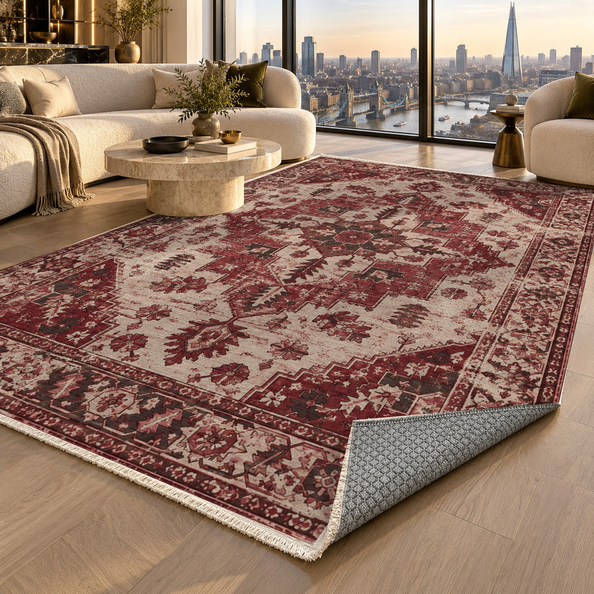 Timeworn Heriz Burgundy Red Vintage Washable Rug — london luxury living