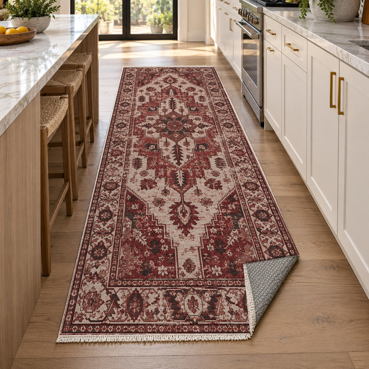 Timeworn Heriz Burgundy Red Vintage Washable Rug — new york kitchen runner