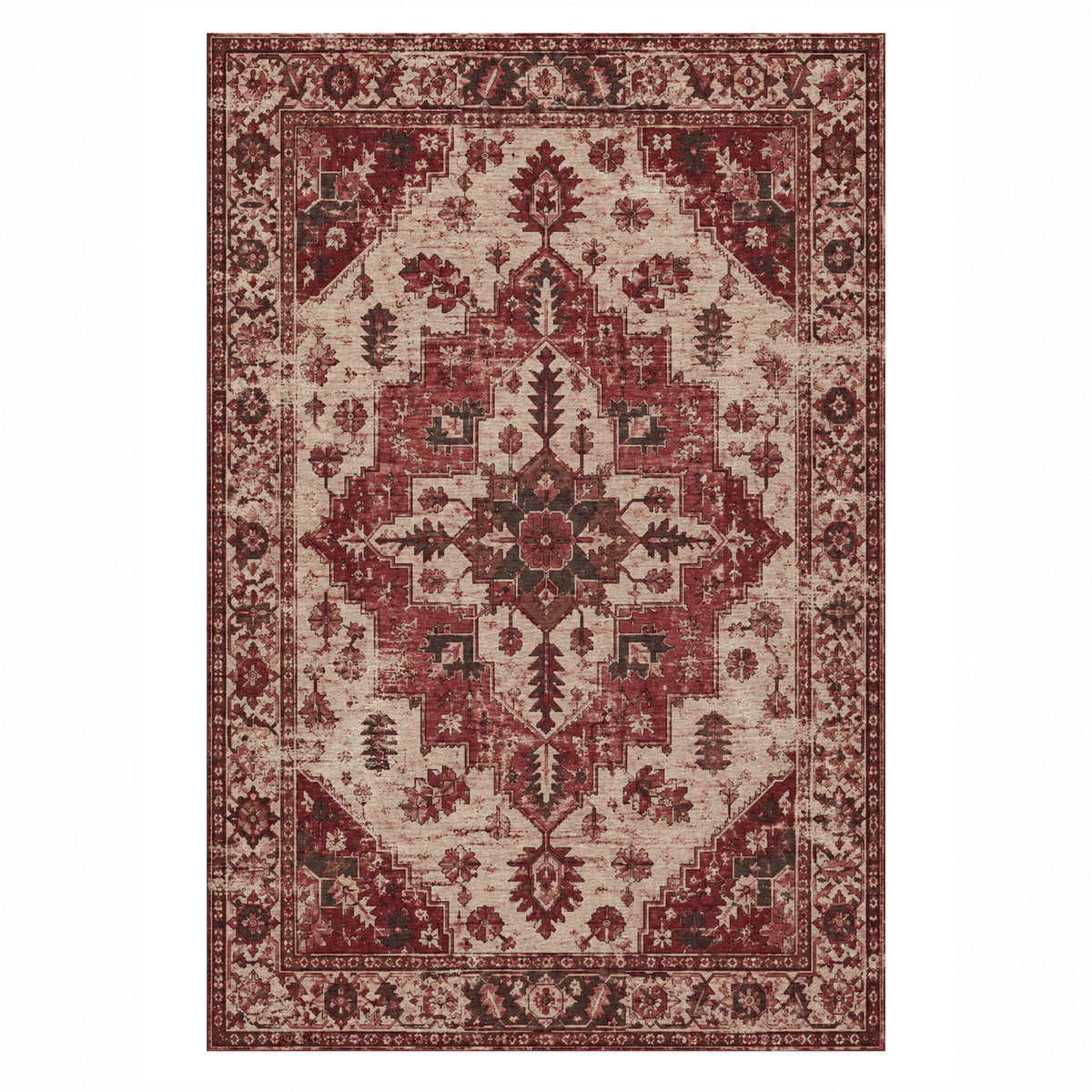 Timeworn Heriz Burgundy Red Vintage Washable Rug — top view