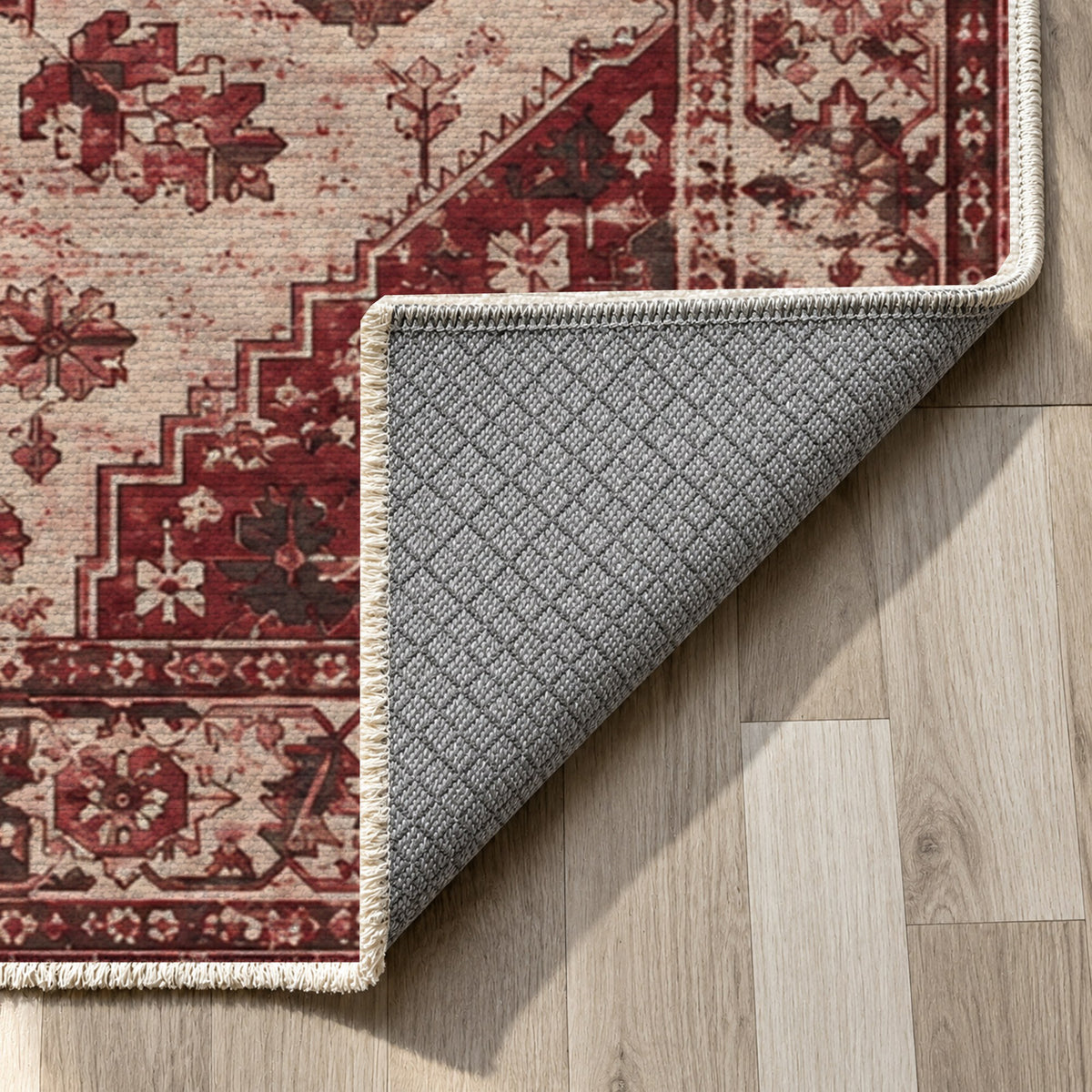 Timeworn Heriz Burgundy Red Vintage Washable Rug — backing close up