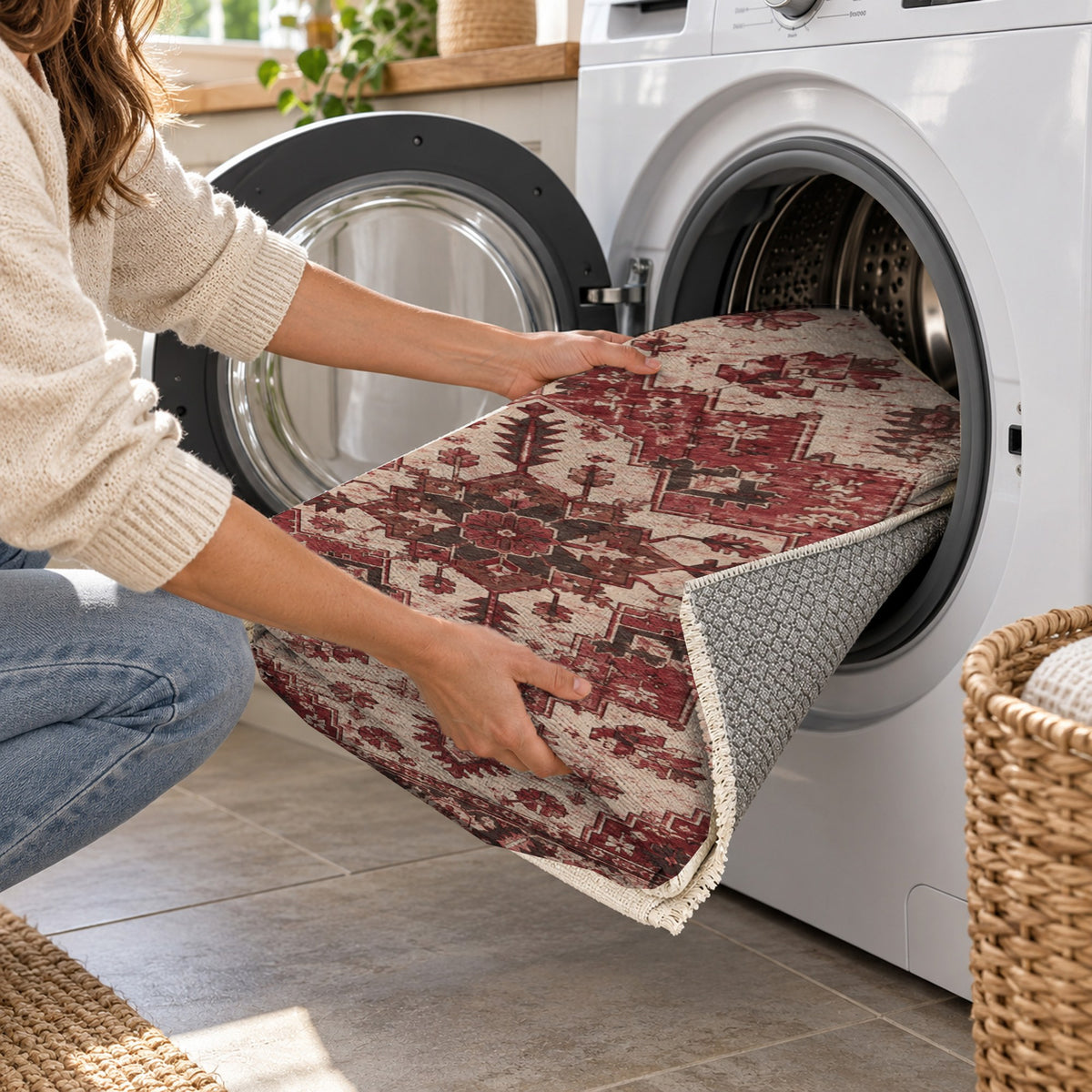 Timeworn Heriz Burgundy Red Vintage Washable Rug — washing machine