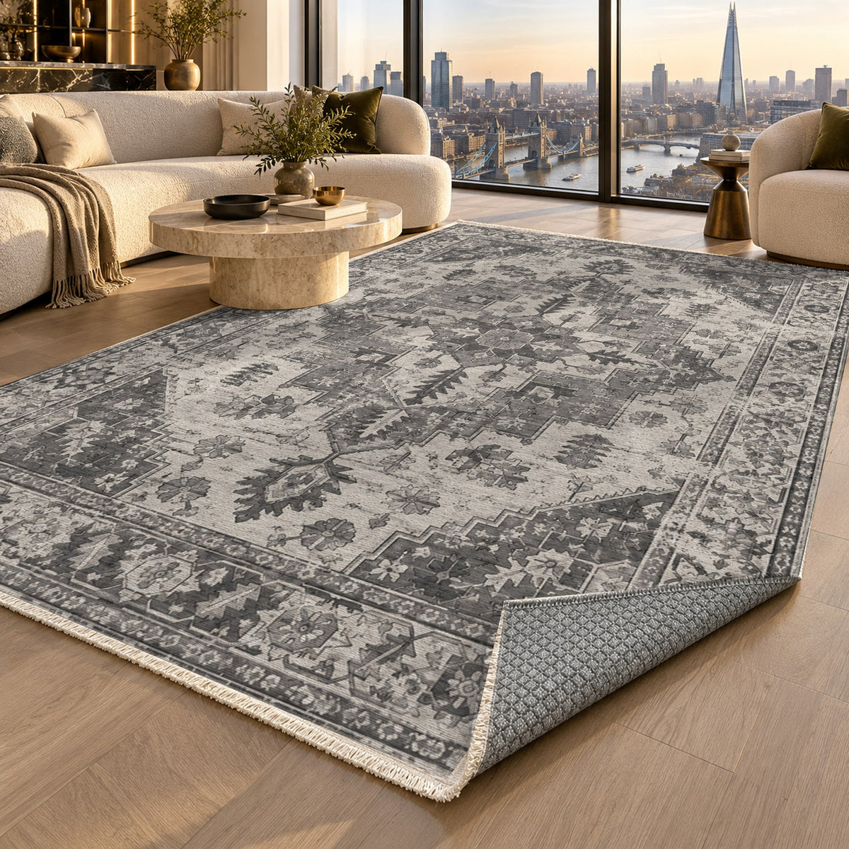 Timeworn Heriz Charcoal Silver Vintage Washable Rug — london luxury living