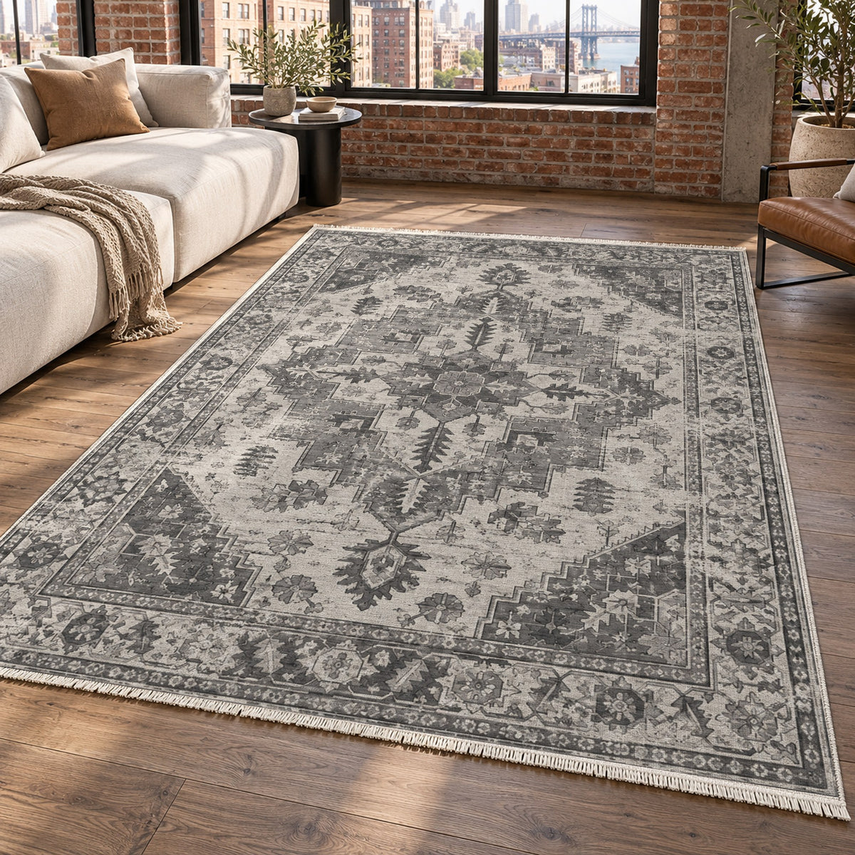 Timeworn Heriz Charcoal Silver Vintage Washable Rug — new york living