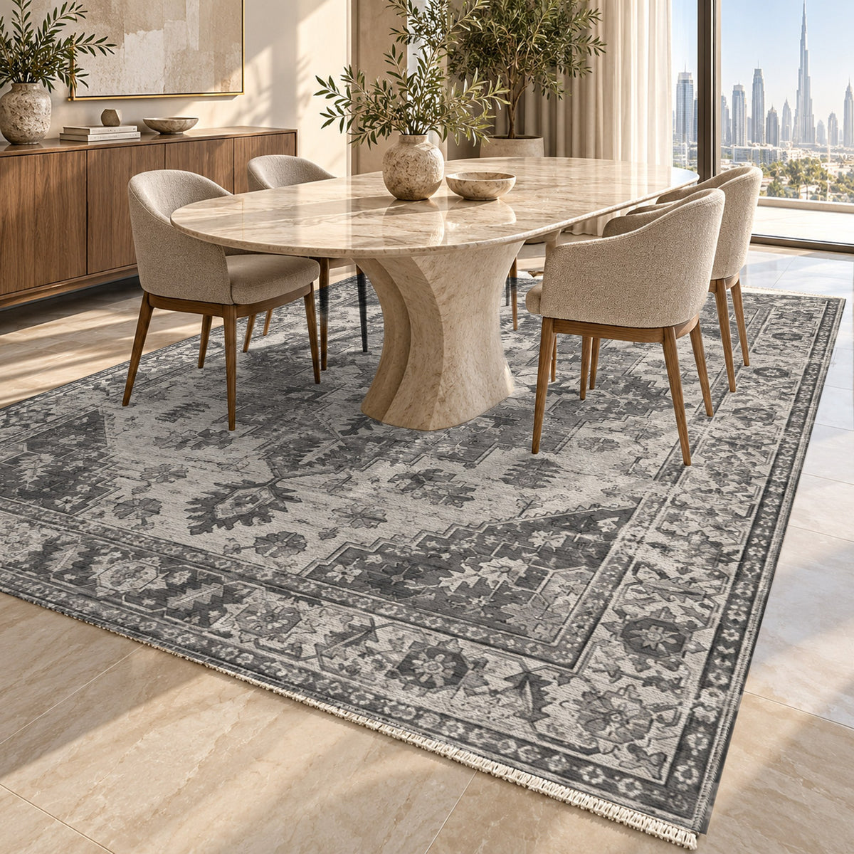 Timeworn Heriz Charcoal Silver Vintage Washable Rug — dubai dining