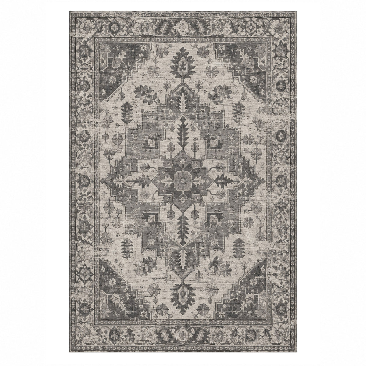 Timeworn Heriz Charcoal Silver Vintage Washable Rug — top view