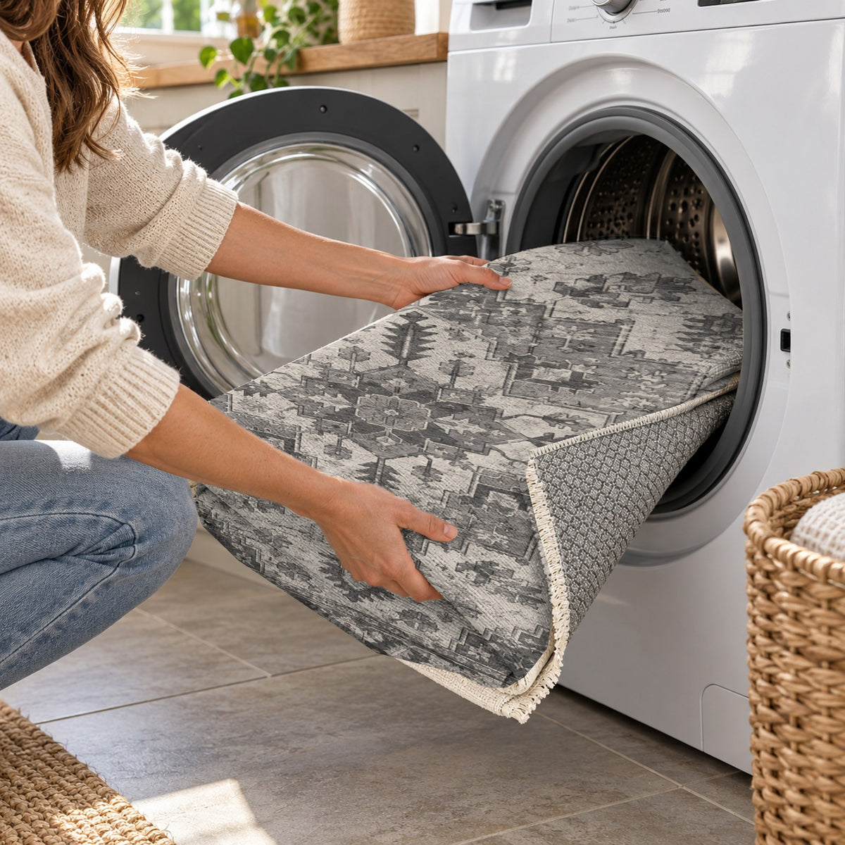 Timeworn Heriz Charcoal Silver Vintage Washable Rug — washing machine