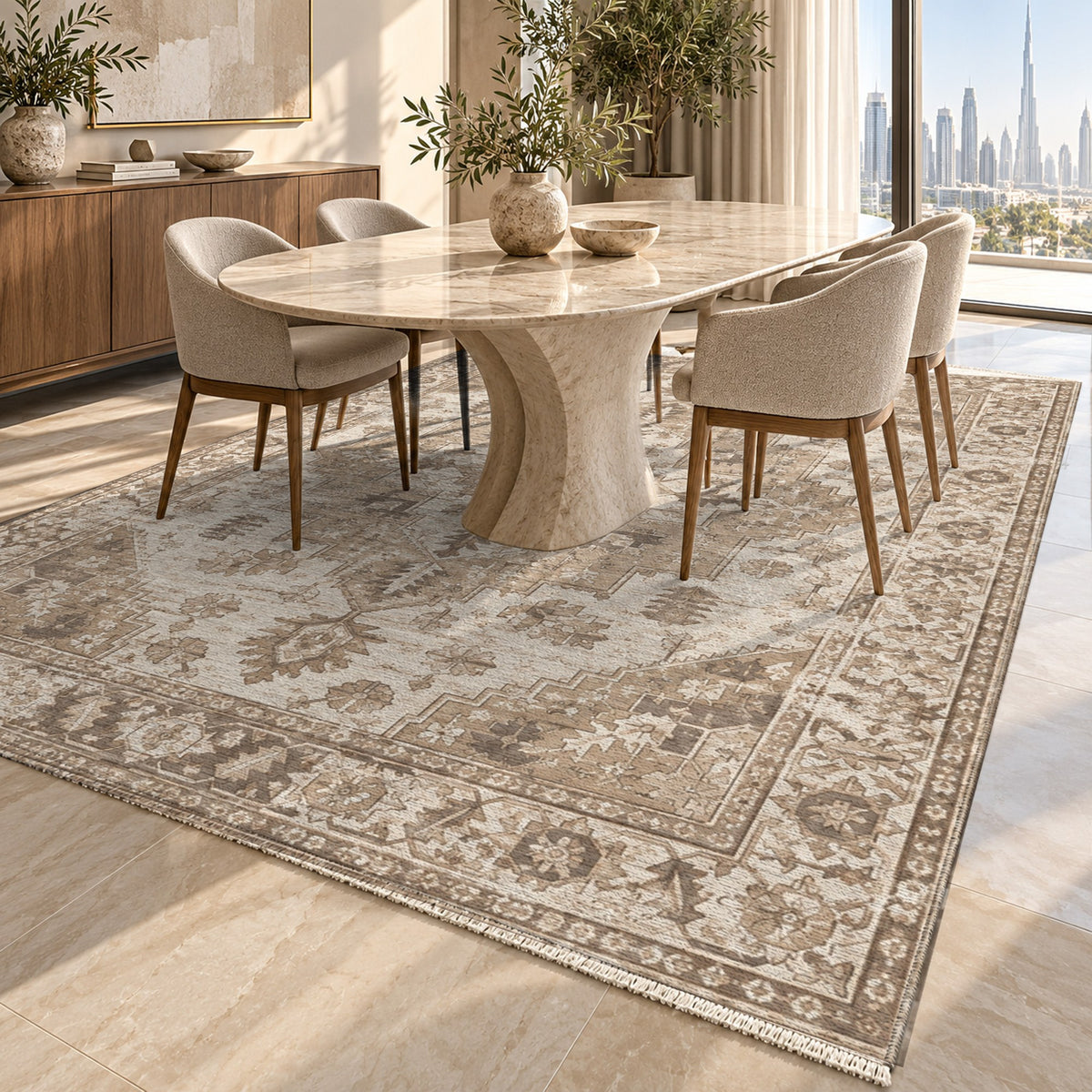 Timeworn Heriz Ivory Taupe Vintage Washable Rug — dubai dining