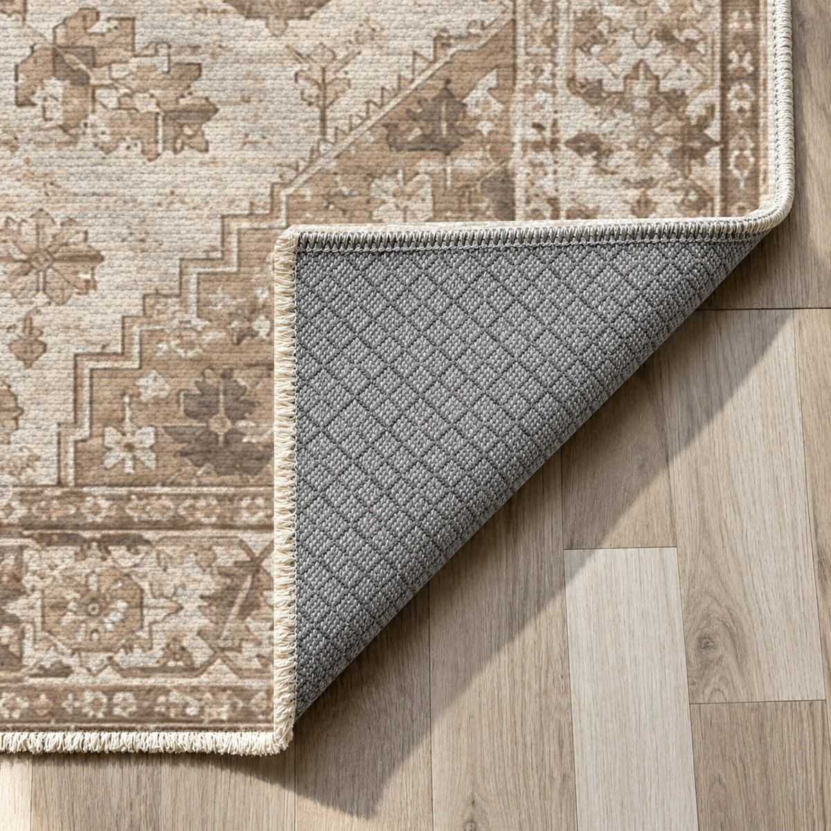 Timeworn Heriz Ivory Taupe Vintage Washable Rug — backing close up