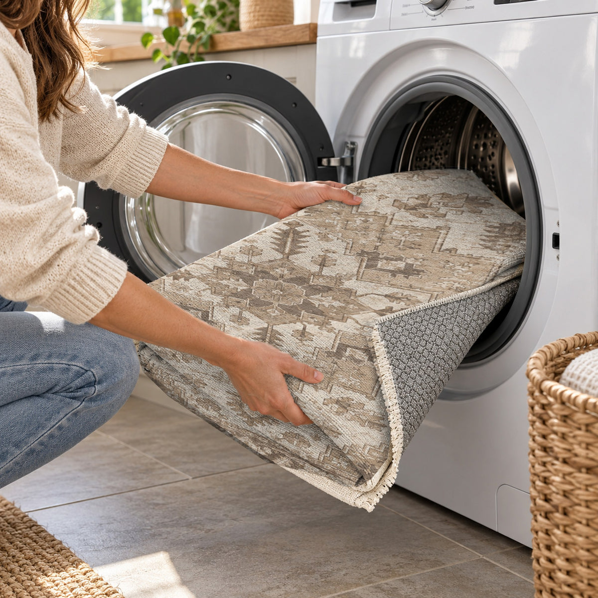 Timeworn Heriz Ivory Taupe Vintage Washable Rug — washing machine