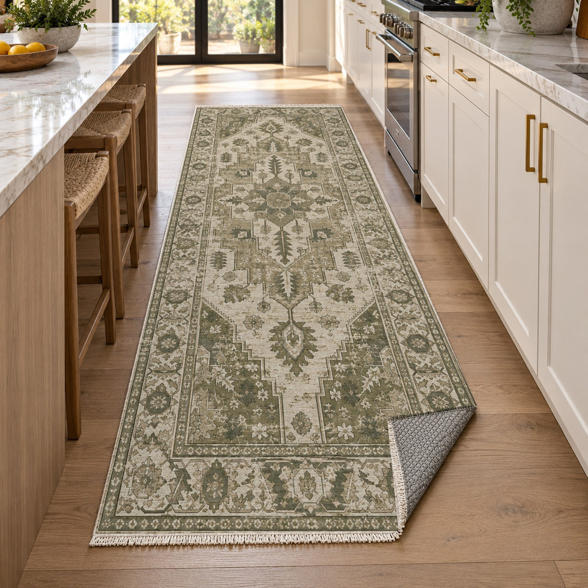 Timeworn Heriz Olive Green Vintage Washable Rug — new york kitchen runner