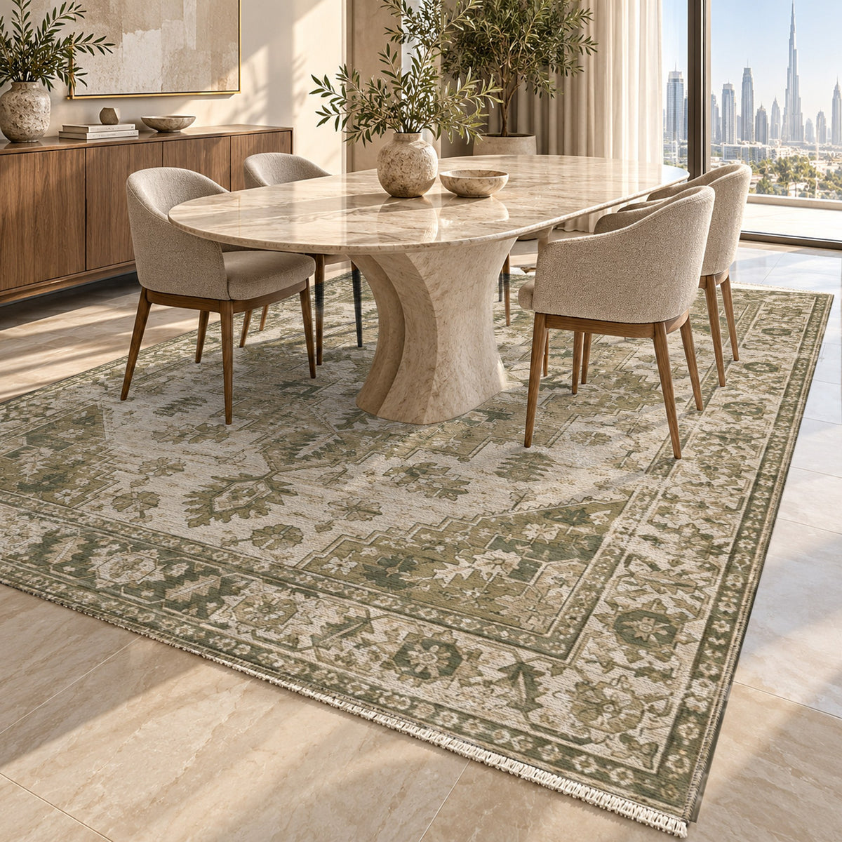 Timeworn Heriz Olive Green Vintage Washable Rug — dubai dining
