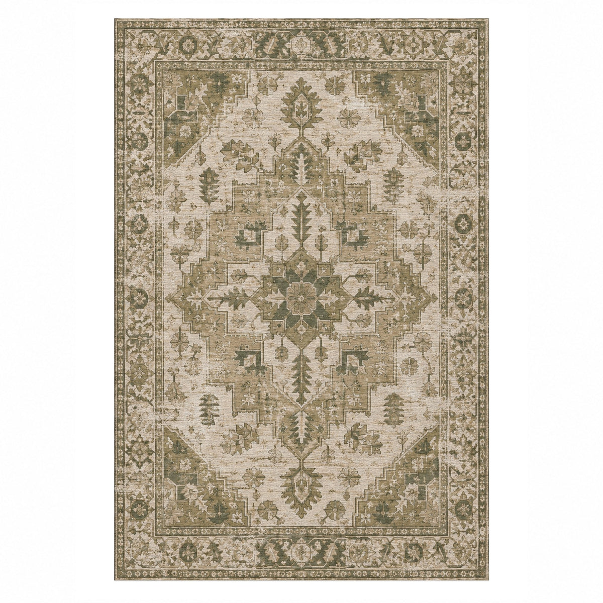 Timeworn Heriz Olive Green Vintage Washable Rug — top view