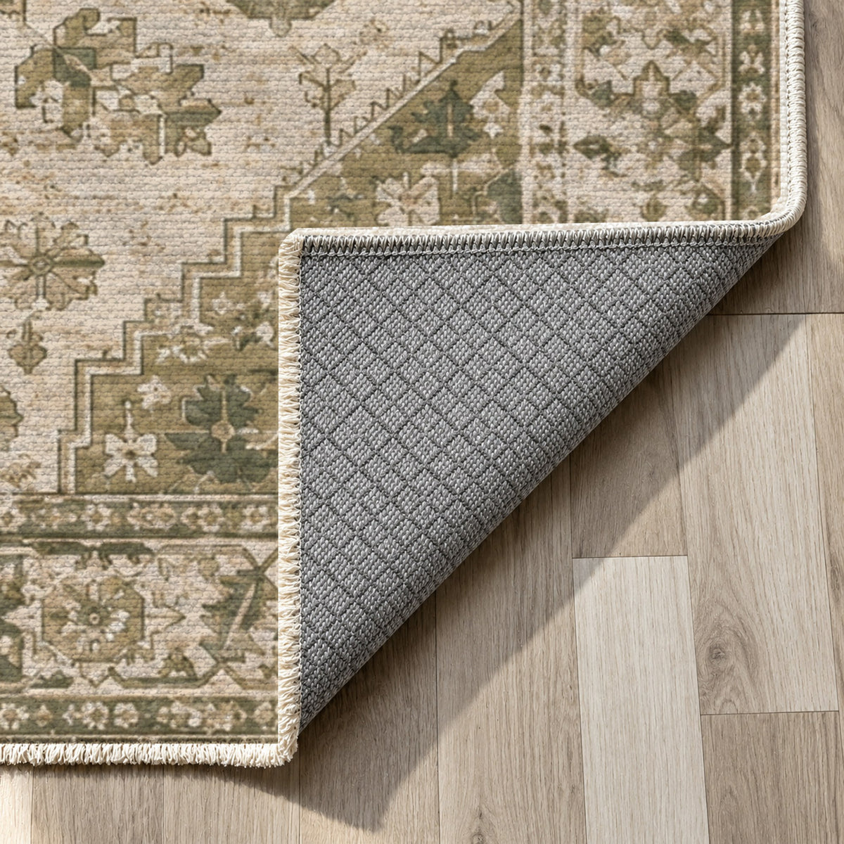 Timeworn Heriz Olive Green Vintage Washable Rug — backing close up