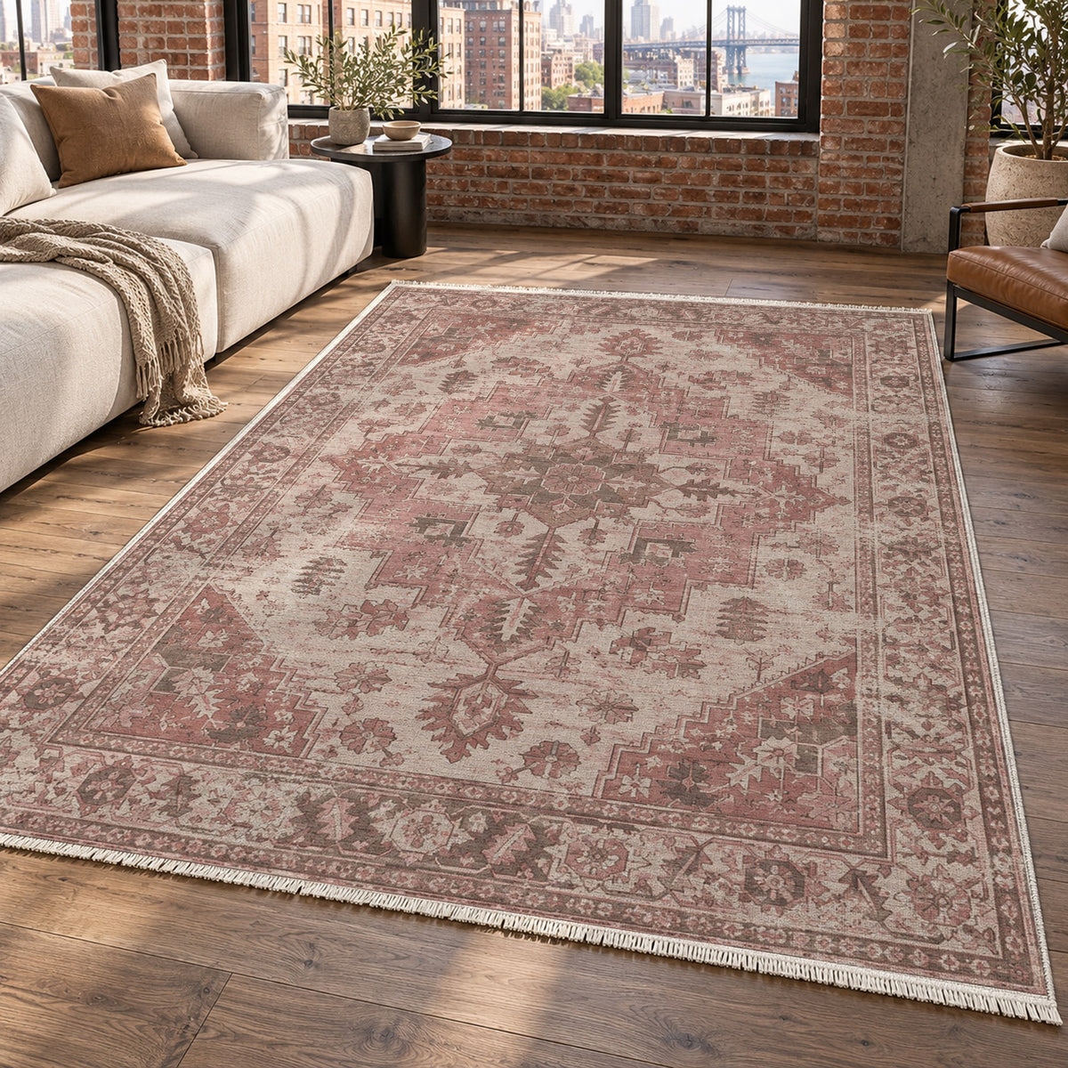 Timeworn Heriz Rose Pink Vintage Washable Rug — new york living