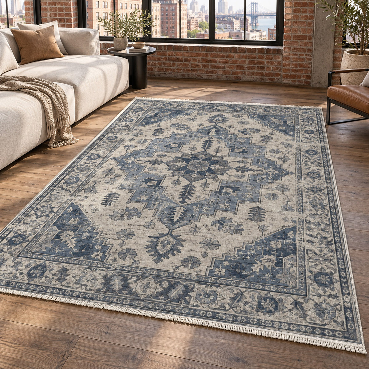 Timeworn Heriz Slate Blue Vintage Washable Rug — new york living