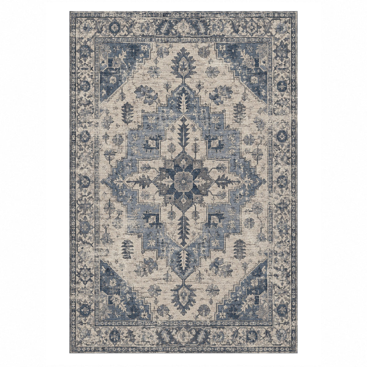 Timeworn Heriz Slate Blue Vintage Washable Rug — top view