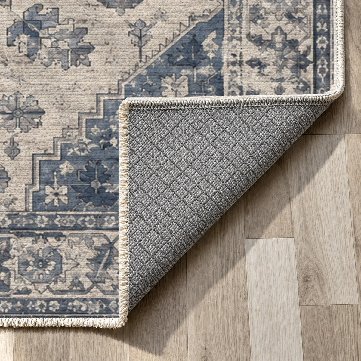 Timeworn Heriz Slate Blue Vintage Washable Rug — backing close up