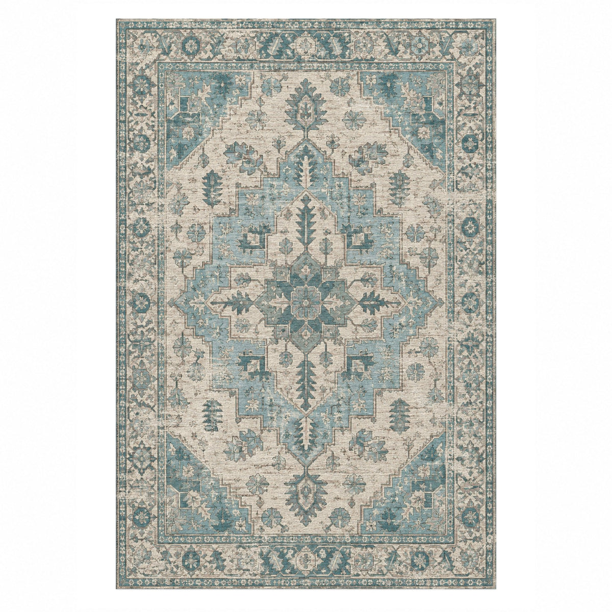 Timeworn Heriz Turquoise Blue Vintage Washable Rug — top view