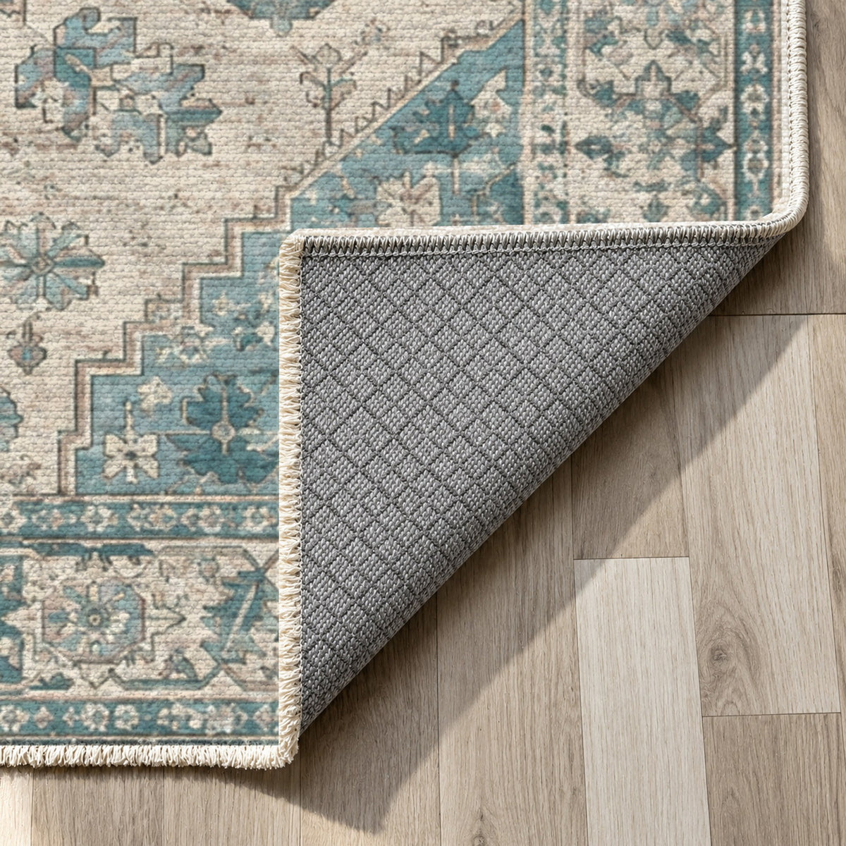 Timeworn Heriz Turquoise Blue Vintage Washable Rug — backing close up