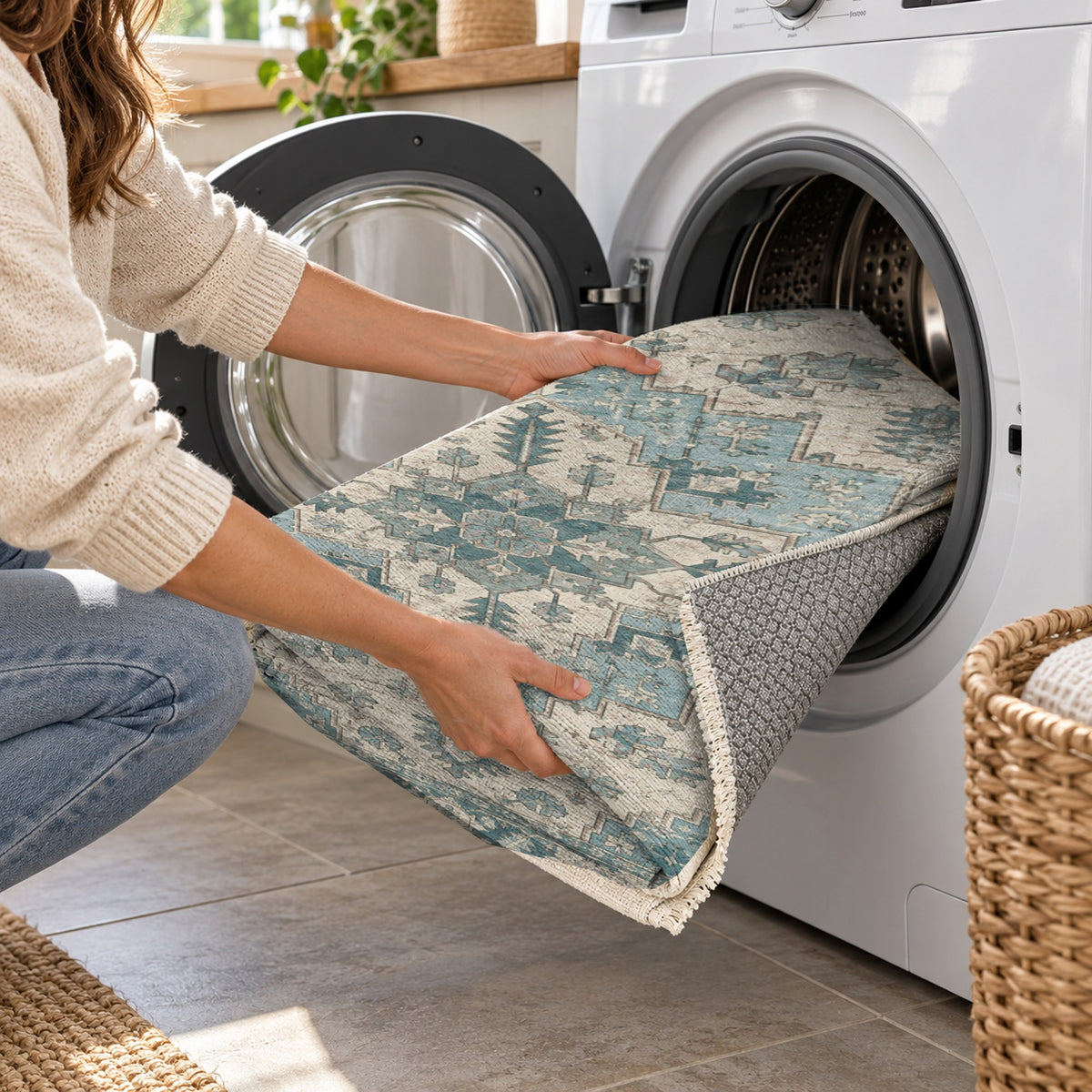 Timeworn Heriz Turquoise Blue Vintage Washable Rug — washing machine