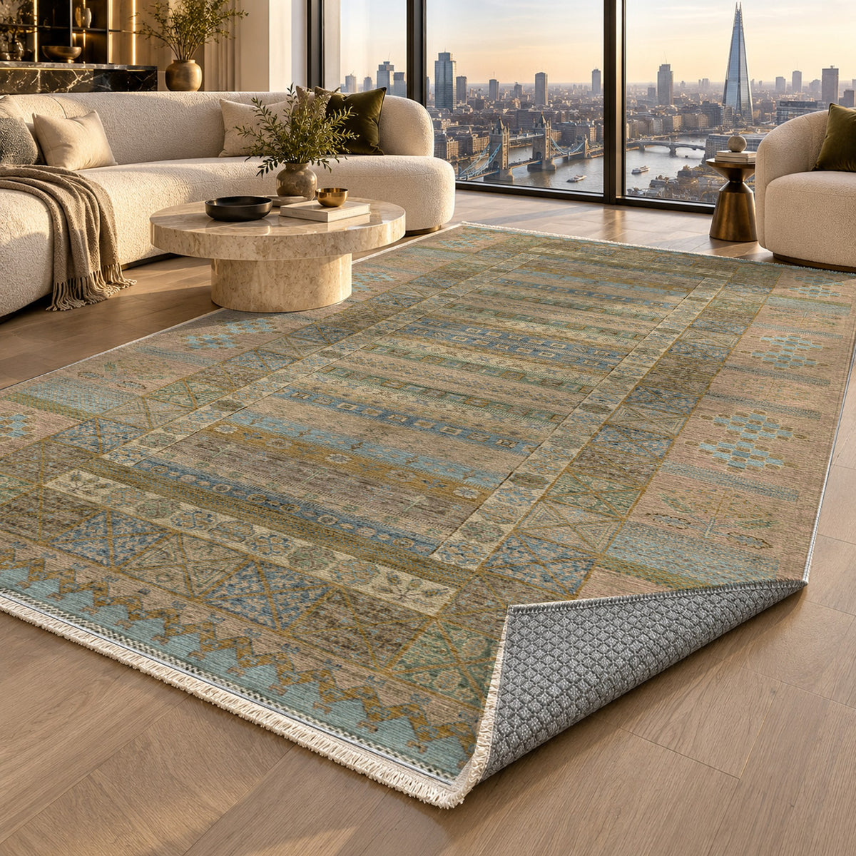 Tribal Stripe Beige Ethnic Washable Rug — london luxury living