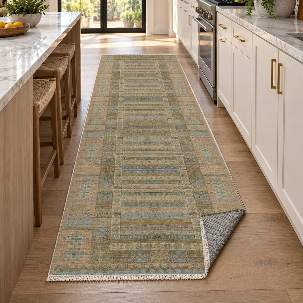 Tribal Stripe Beige Ethnic Washable Rug — new york kitchen runner