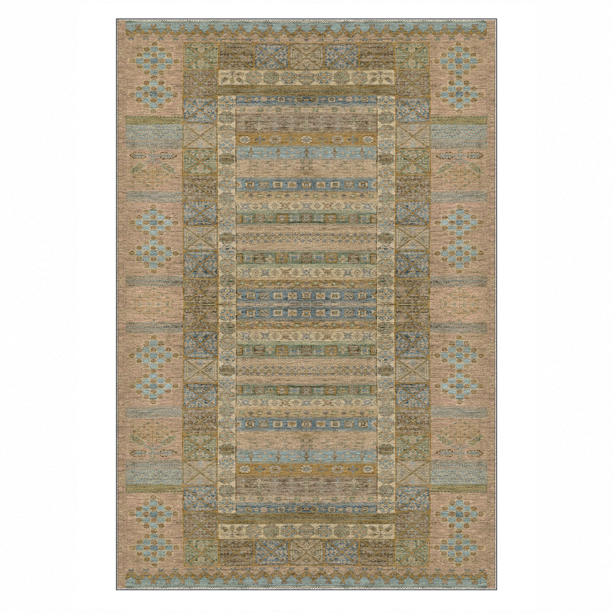 Tribal Stripe Beige Ethnic Washable Rug — top view