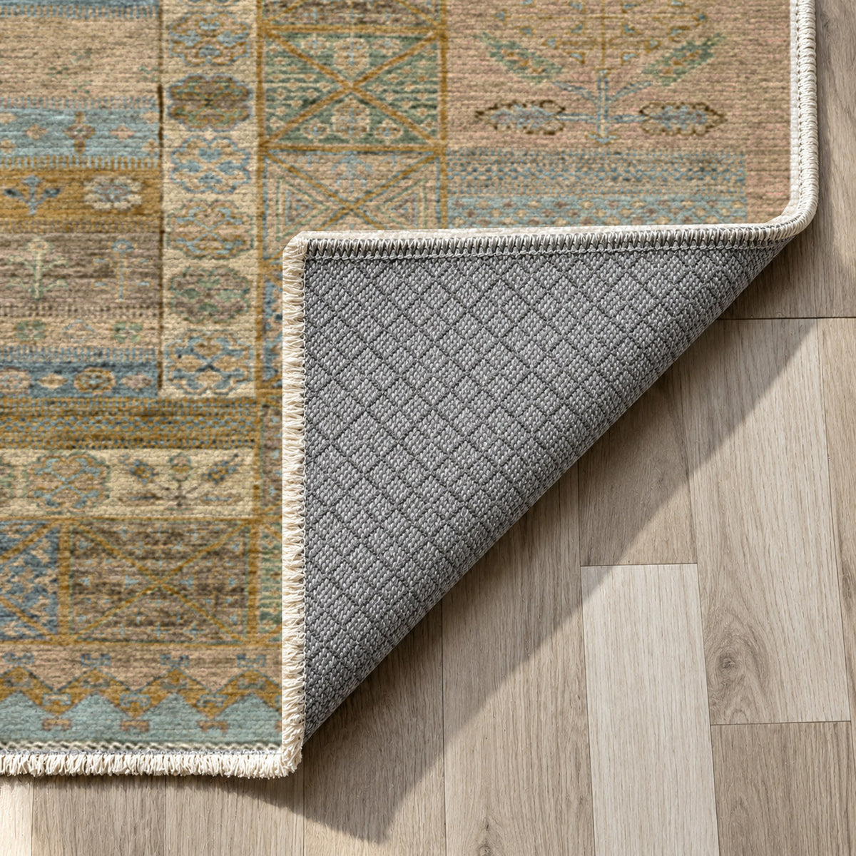 Tribal Stripe Beige Ethnic Washable Rug — backing close up
