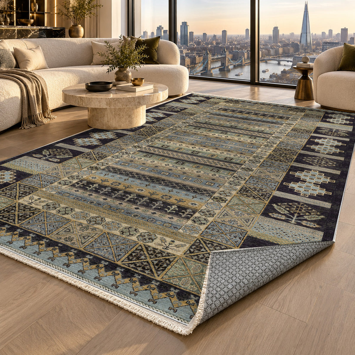 Tribal Stripe Black Ethnic Washable Rug — london luxury living
