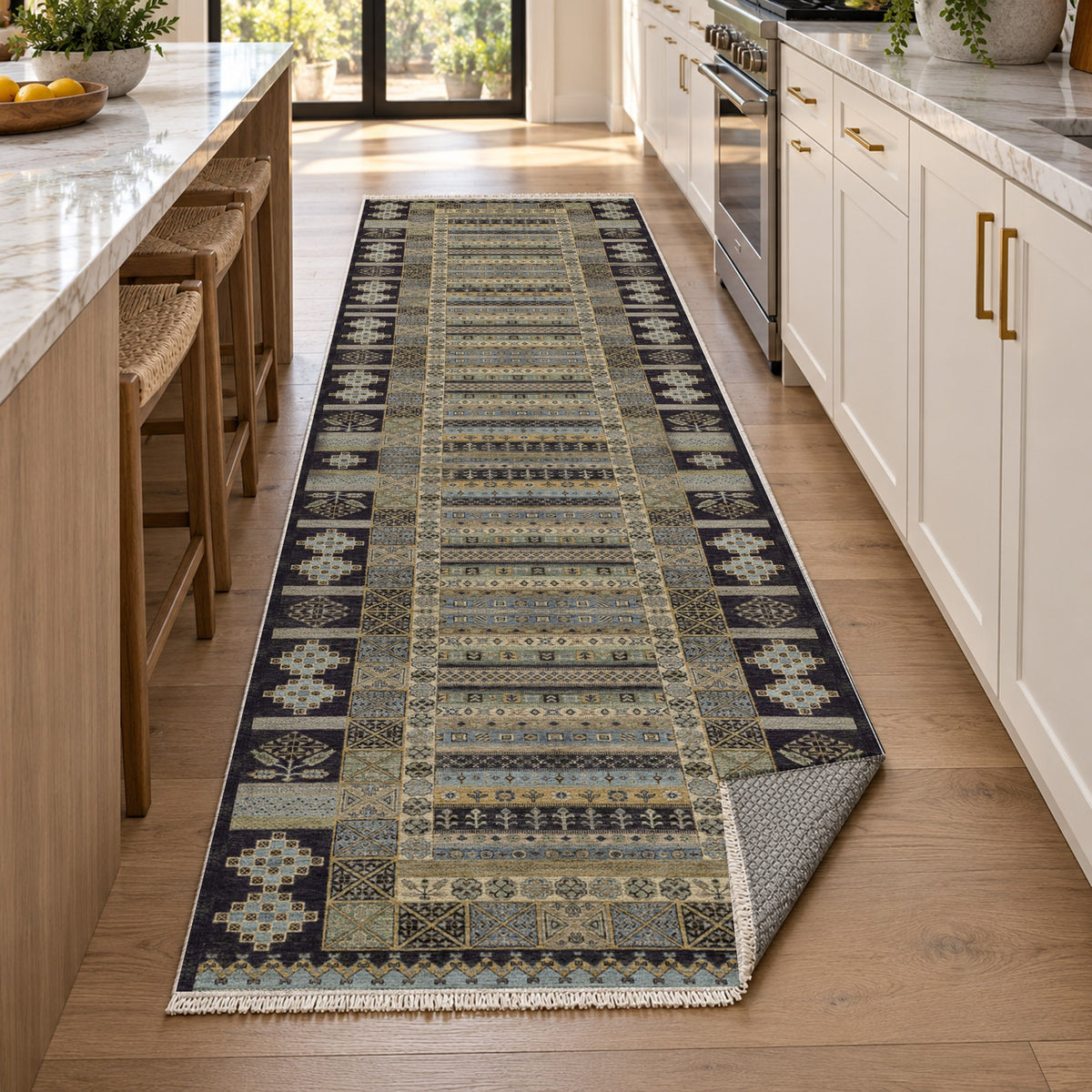 Tribal Stripe Black Ethnic Washable Rug — new york kitchen runner