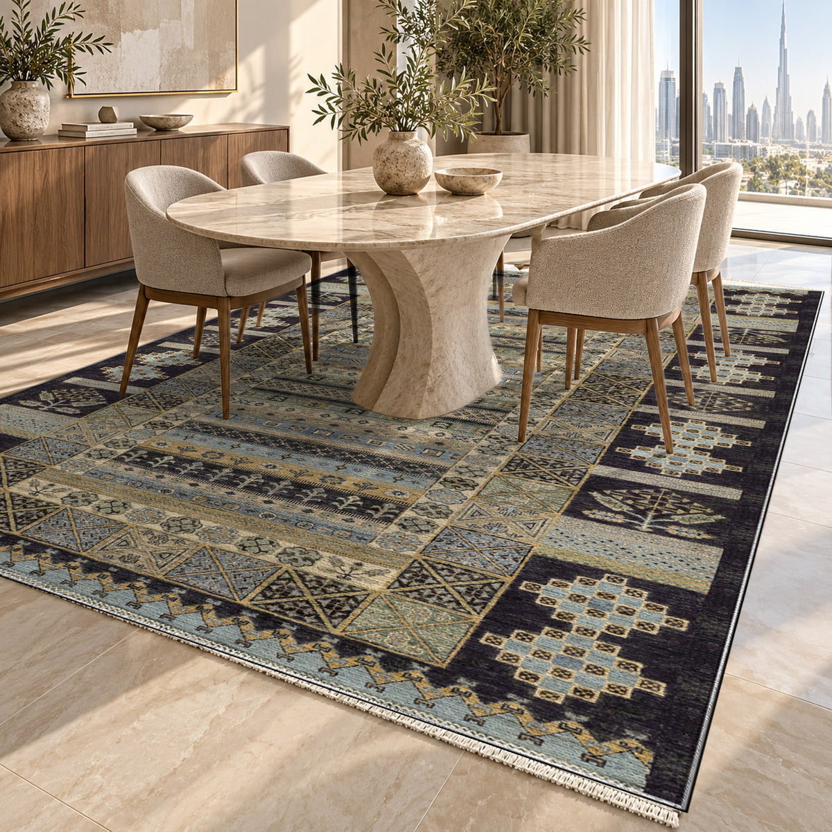 Tribal Stripe Black Ethnic Washable Rug — dubai dining