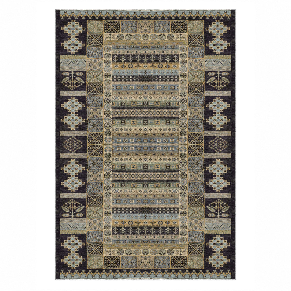 Tribal Stripe Black Ethnic Washable Rug — top view