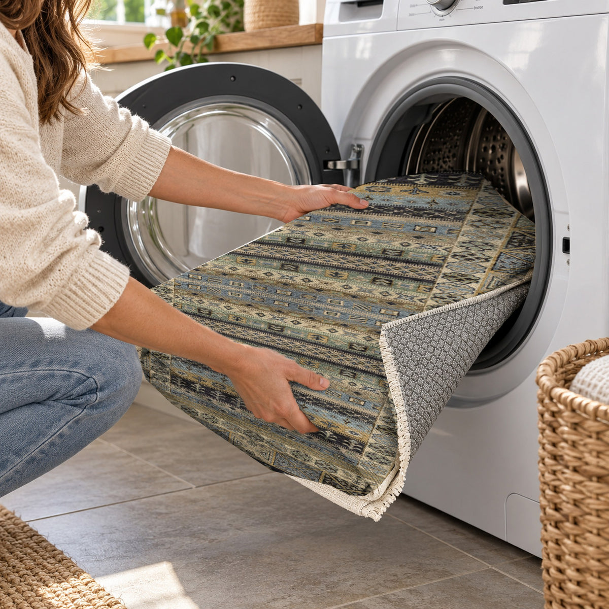 Tribal Stripe Black Ethnic Washable Rug — washing machine
