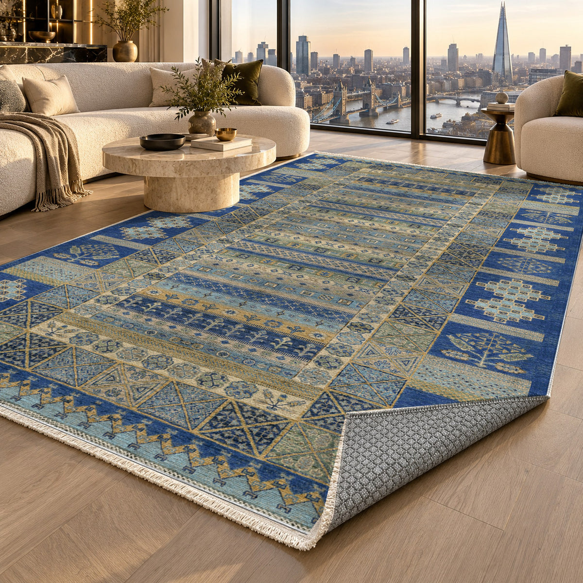 Tribal Stripe Blue Ethnic Washable Rug — london luxury living