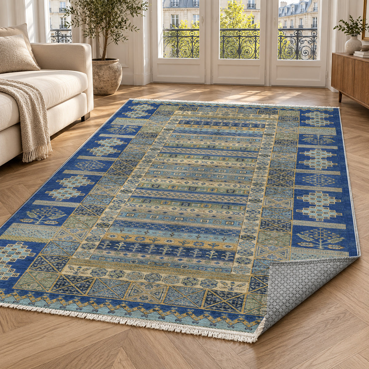 Tribal Stripe Blue Ethnic Washable Rug — paris living