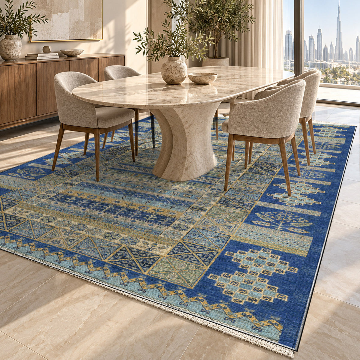 Tribal Stripe Blue Ethnic Washable Rug — dubai dining