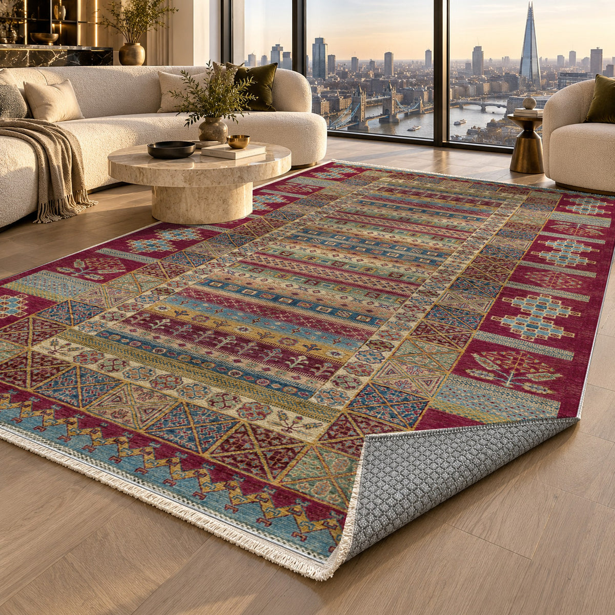 Tribal Stripe Burgundy Red Ethnic Washable Rug — london luxury living
