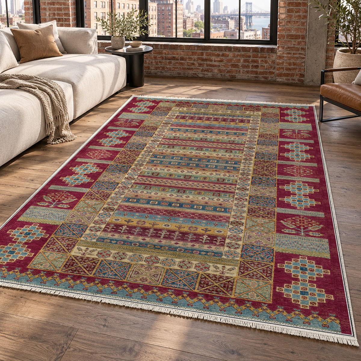 Tribal Stripe Burgundy Red Ethnic Washable Rug — new york living