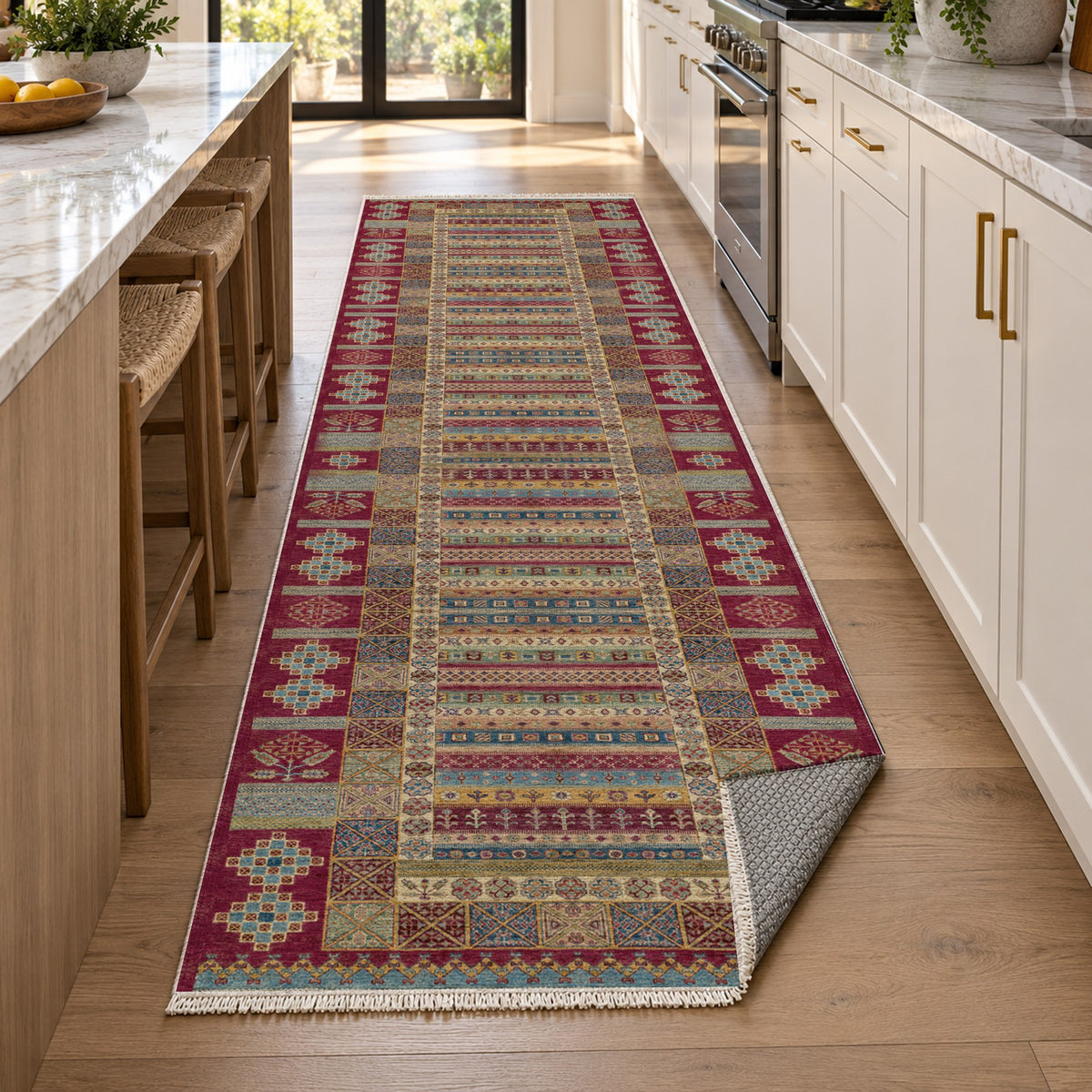 Tribal Stripe Burgundy Red Ethnic Washable Rug — new york kitchen runner