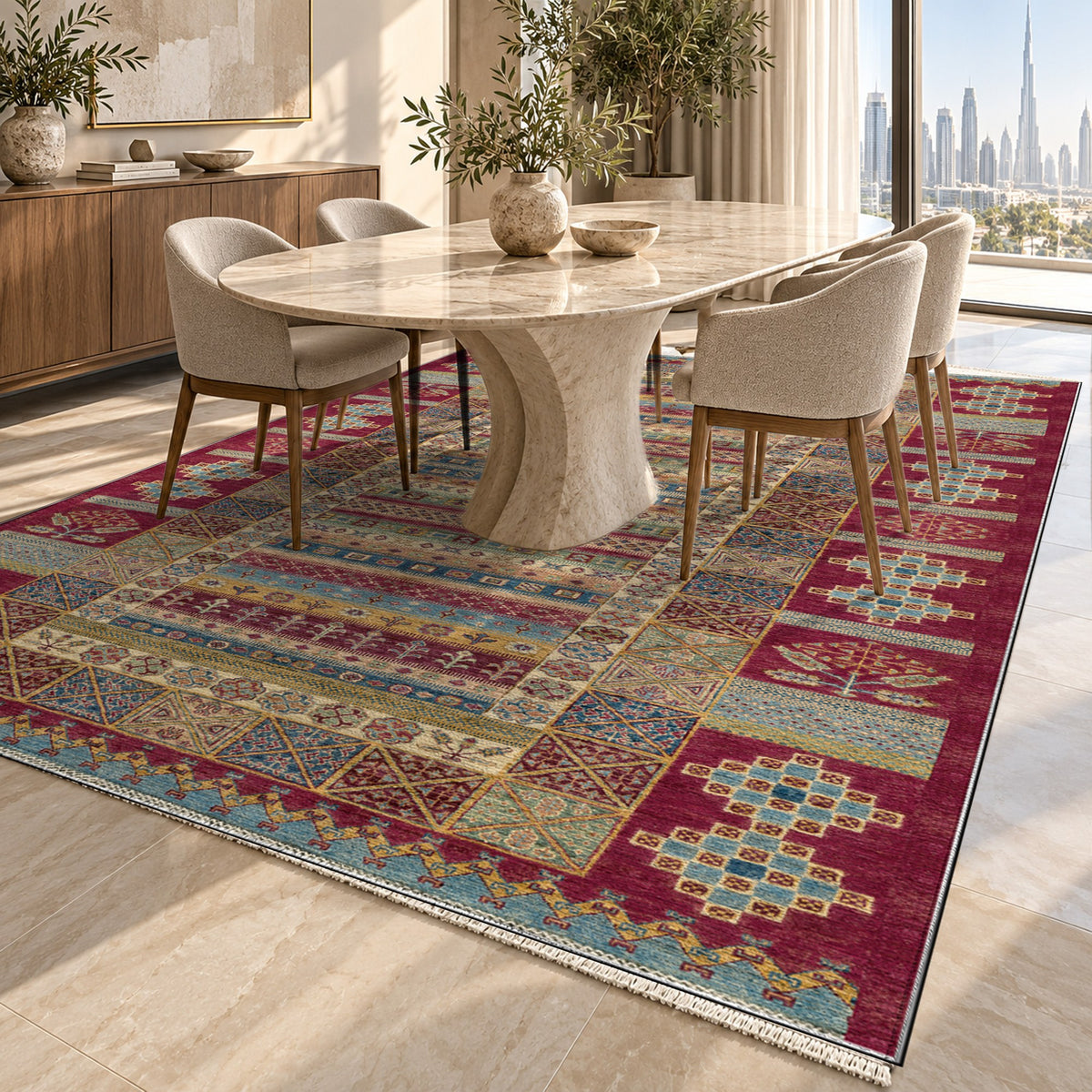 Tribal Stripe Burgundy Red Ethnic Washable Rug — dubai dining