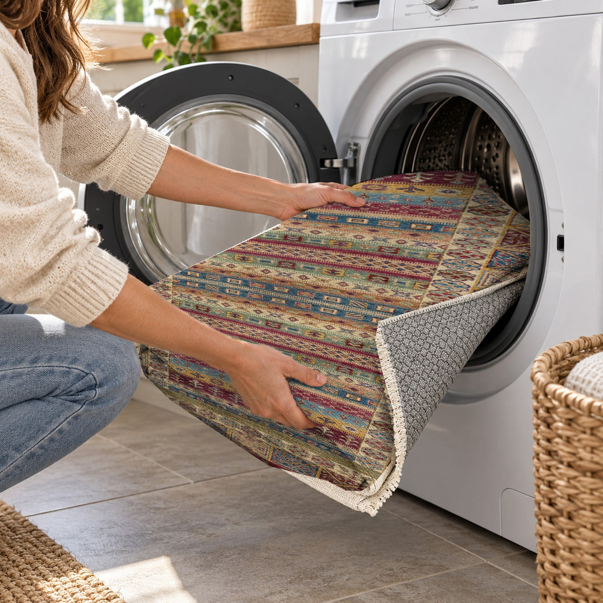 Tribal Stripe Burgundy Red Ethnic Washable Rug — washing machine
