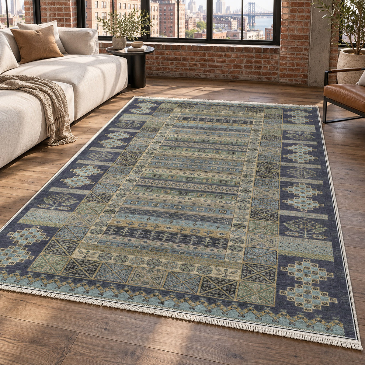 Tribal Stripe Charcoal Ethnic Washable Rug — new york living