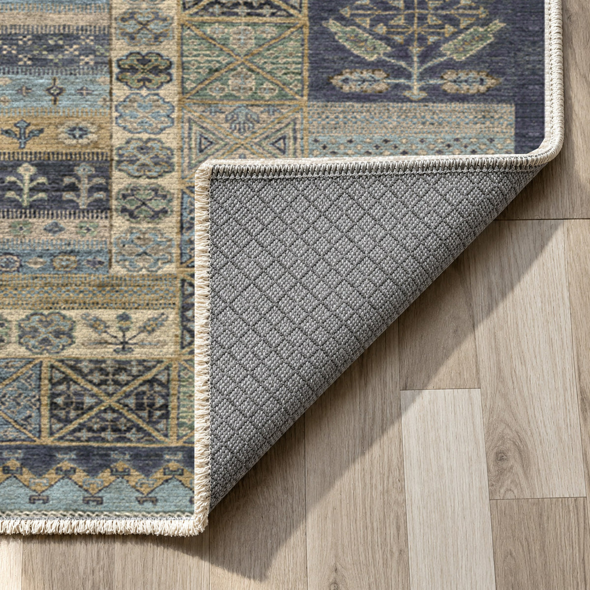 Tribal Stripe Charcoal Ethnic Washable Rug — backing close up