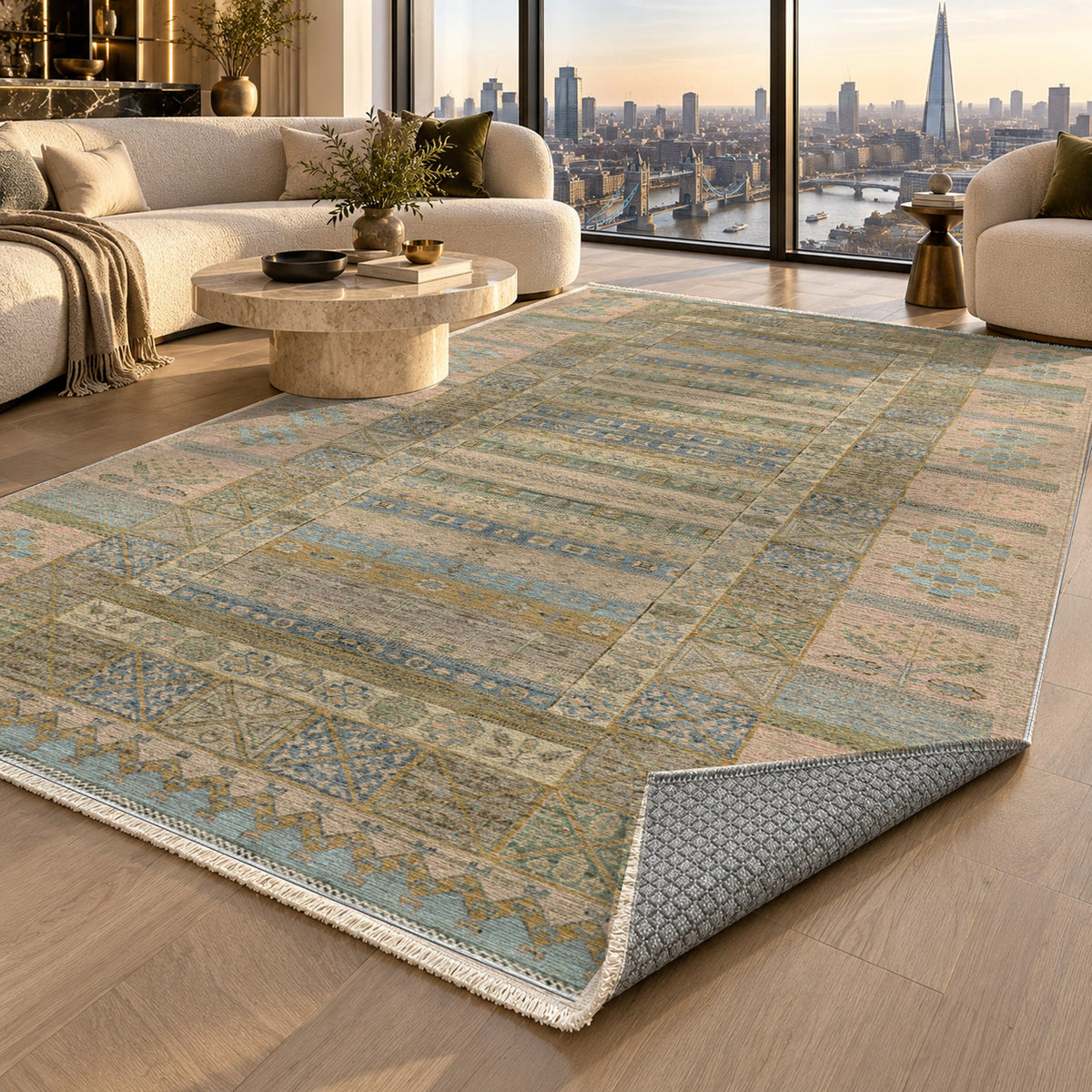 Tribal Stripe Cream Ethnic Washable Rug — london luxury living