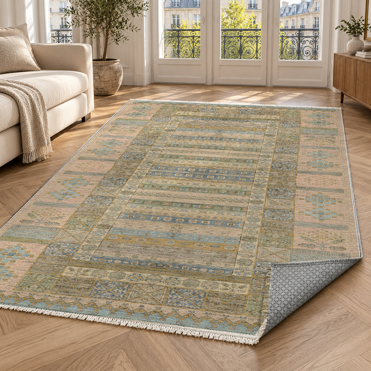 Tribal Stripe Cream Ethnic Washable Rug — paris living
