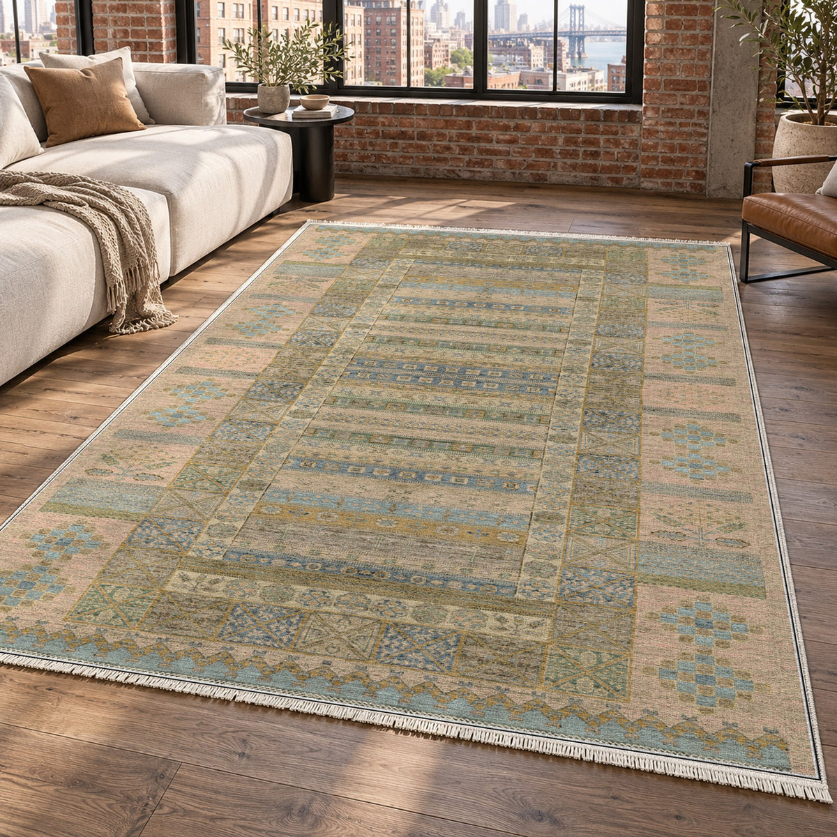 Tribal Stripe Cream Ethnic Washable Rug — new york living