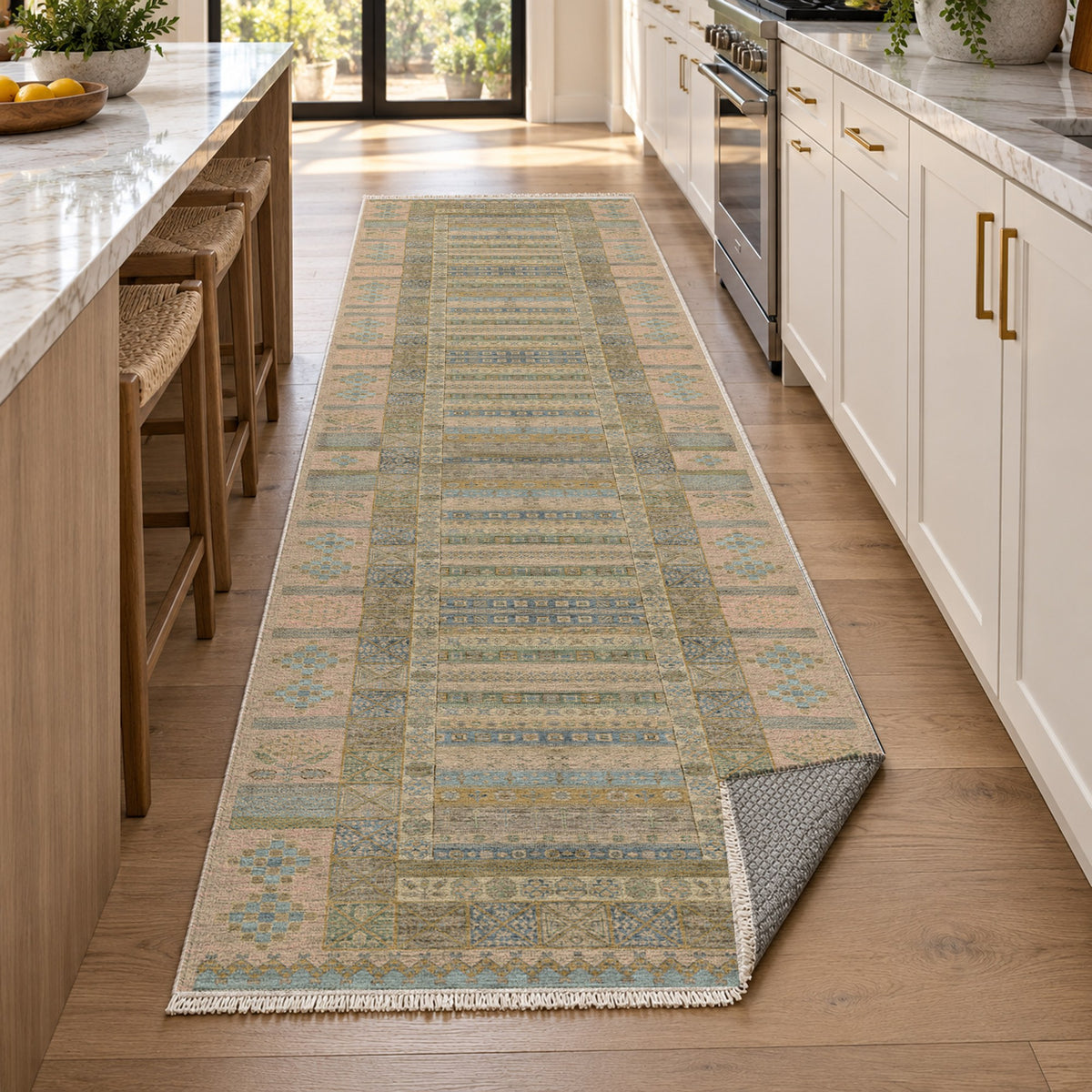 Tribal Stripe Cream Ethnic Washable Rug — new york kitchen runner